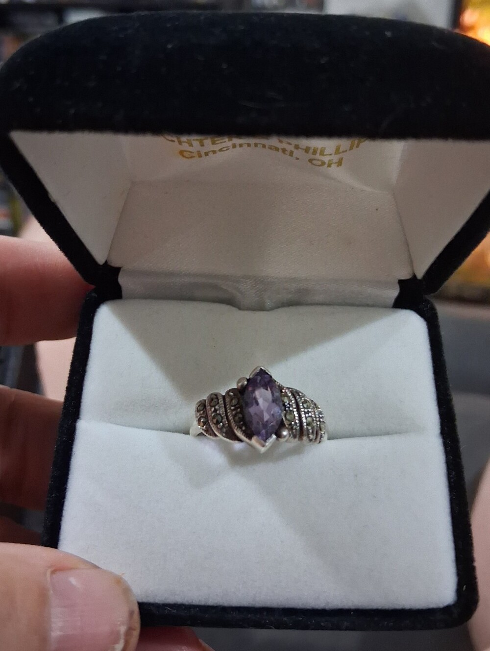 .925 Sterling Silver Marcasite 1 Carat Amythyst Statement Ring Size 7